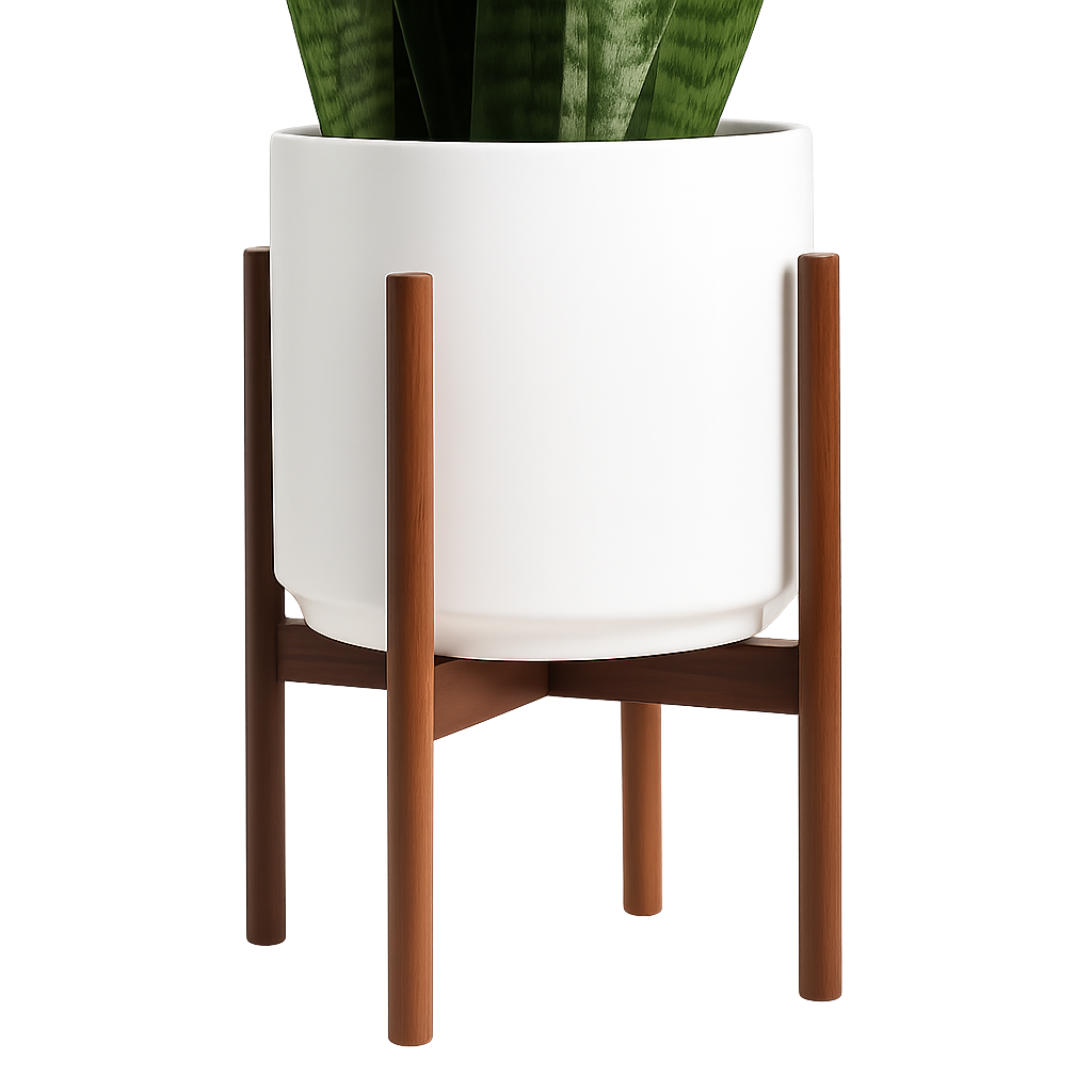 A snake plant in a white ceramic planter with a mid-century modern wooden stand, displayed against a white background.