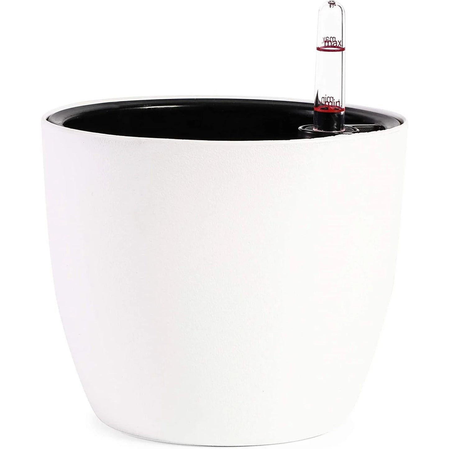 The white self-watering planters displayed in different environments like an office desk, windowsill, or patio.