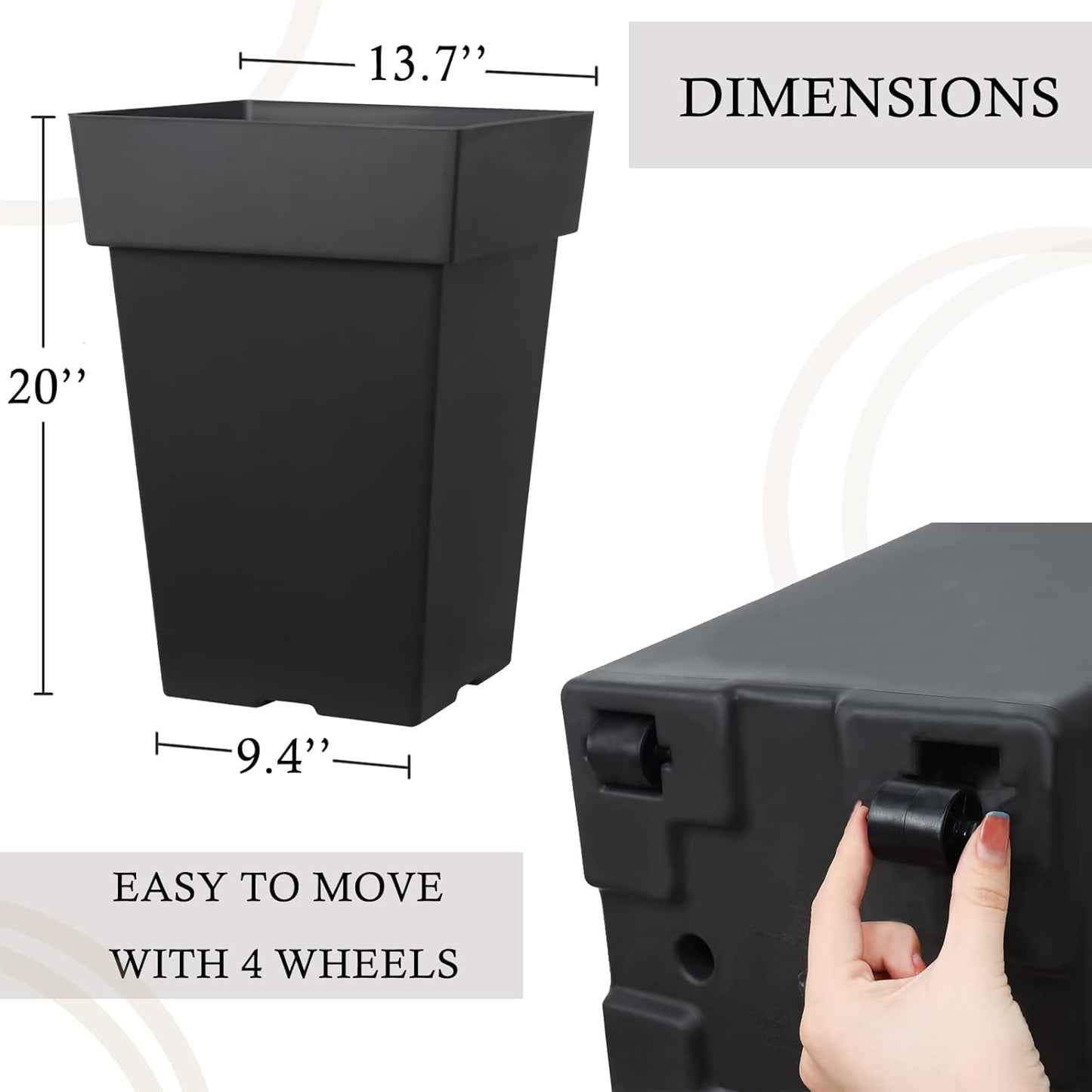 The tall black planters placed decoratively on a front porch or by a door with lush green plants.