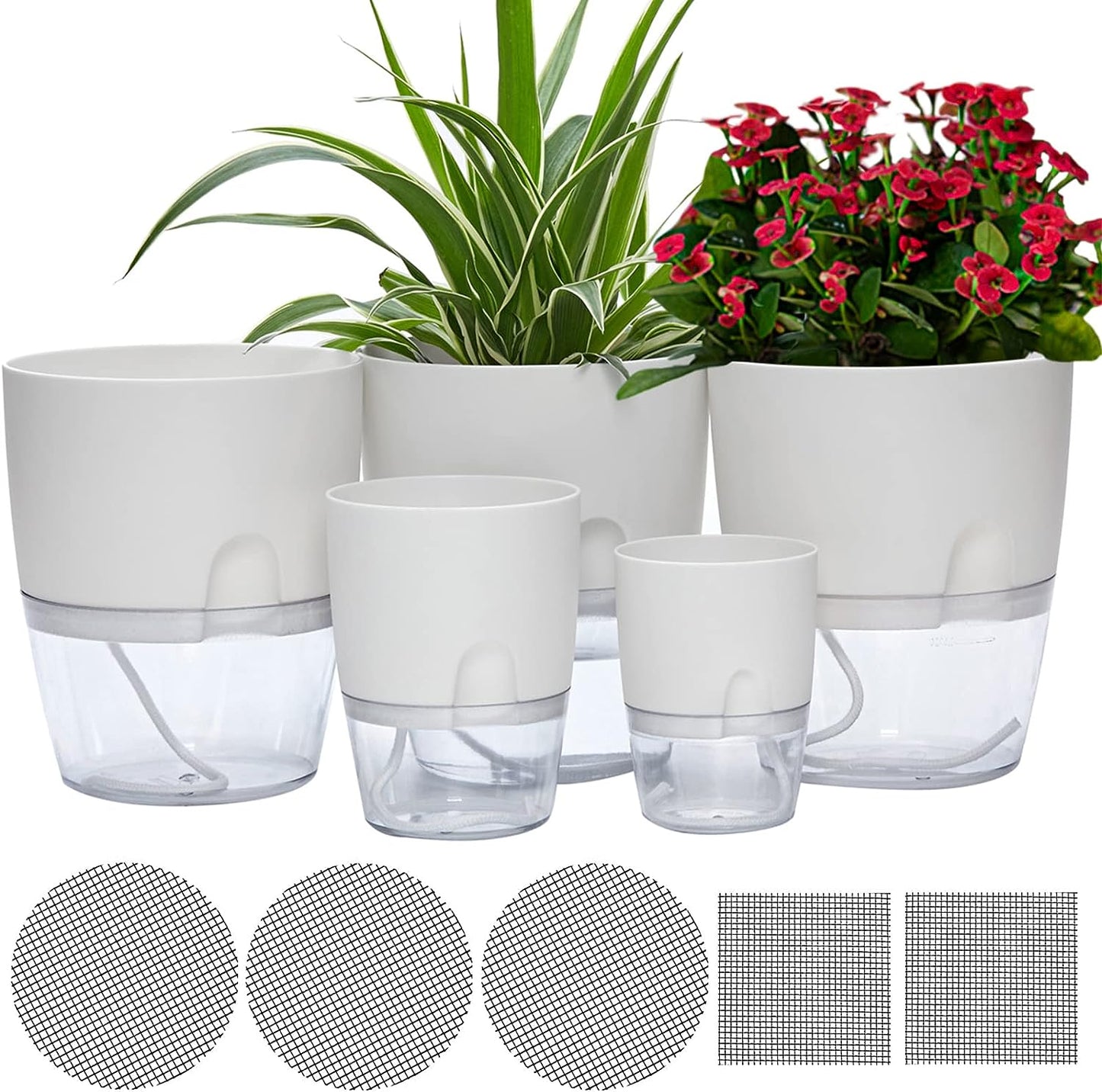 A group of five white self-watering planter pots in various sizes, suitable for indoor and outdoor plants, showcasing their modern design.