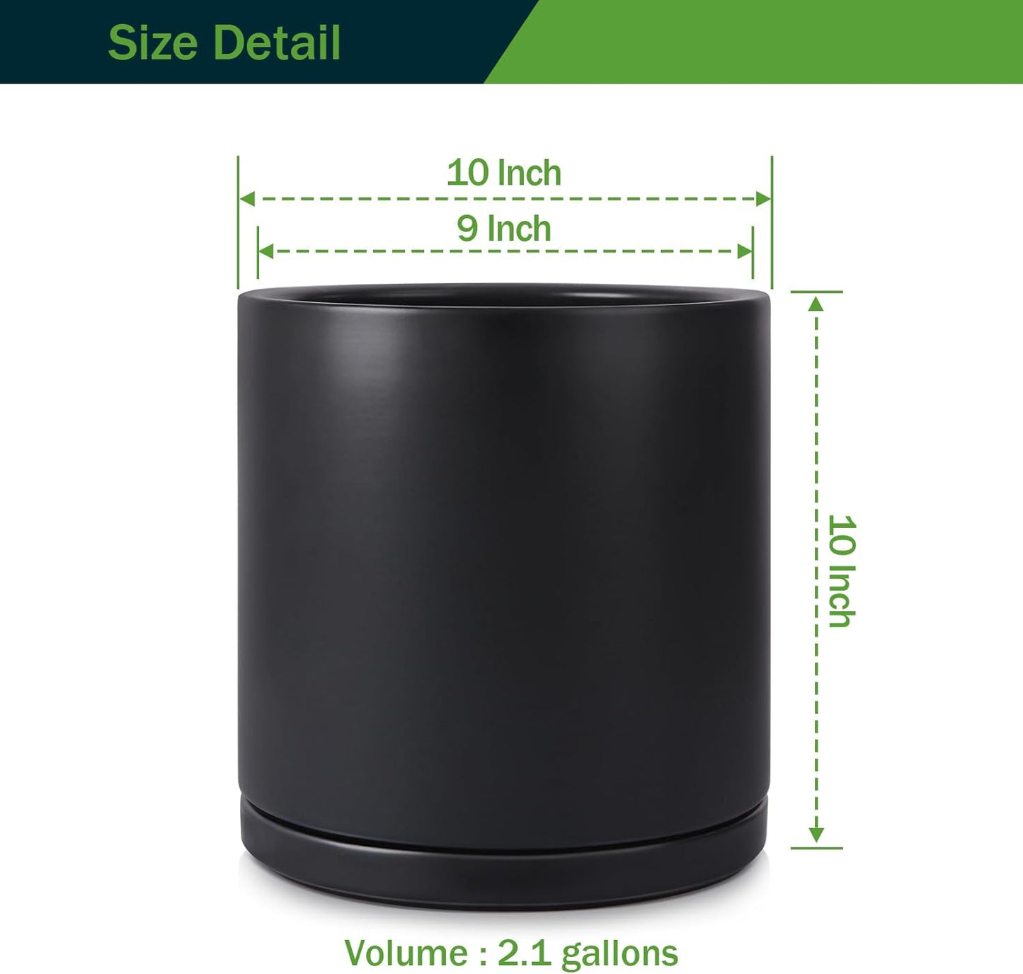 Plant Pots Ceramic Planter for Indoor Outdoor Plants Flowers 10 Inch Matte Black Large Cylinder Flower Pot with Saucer and Drainage Hole,Glazed Finish Interior and Exterior