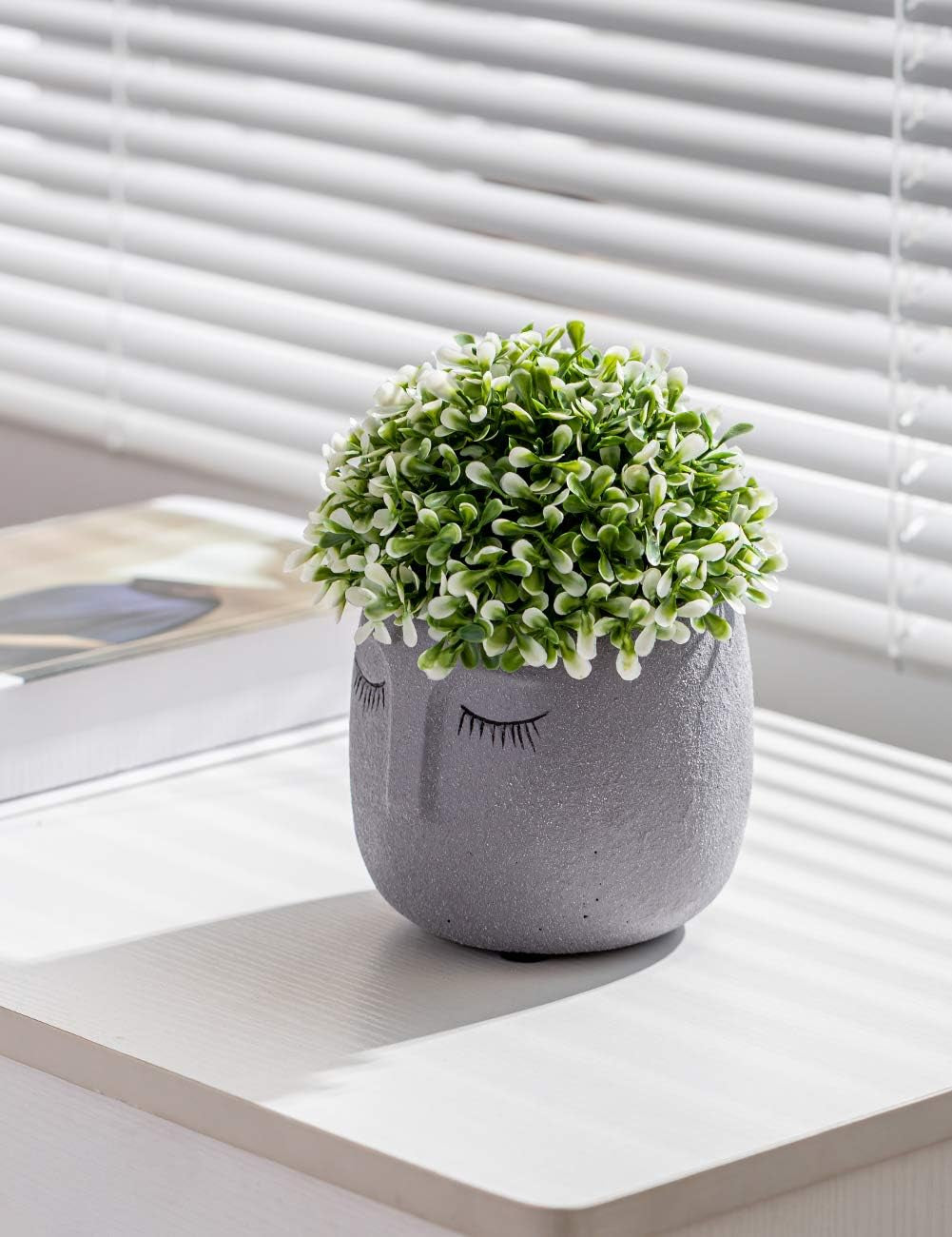 Head Design Planter Pot with Drainage Hole, Elegant Cement Face Planter for Flower (Grey)
