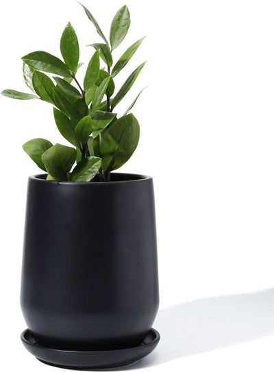 Stylish Black Glazed Ceramic Planter Pots - 5.3 Inch with Drainage Hole & Saucer for Indoor Plant Decor (Plants Not Included)