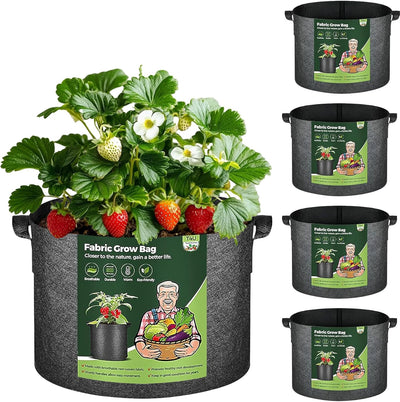 A 5-pack of black 10-gallon nonwoven fabric grow bags, ideal for outdoor vegetable planting.