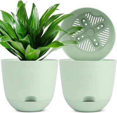 A 3-pack of 10-inch self-watering pots in various colors (white, black, green), suitable for indoor plants and flowers.