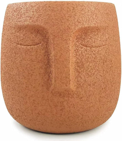 Brown Cement Head Planter - Unique Face Flower Pot with Drainage for Succulents and Plants