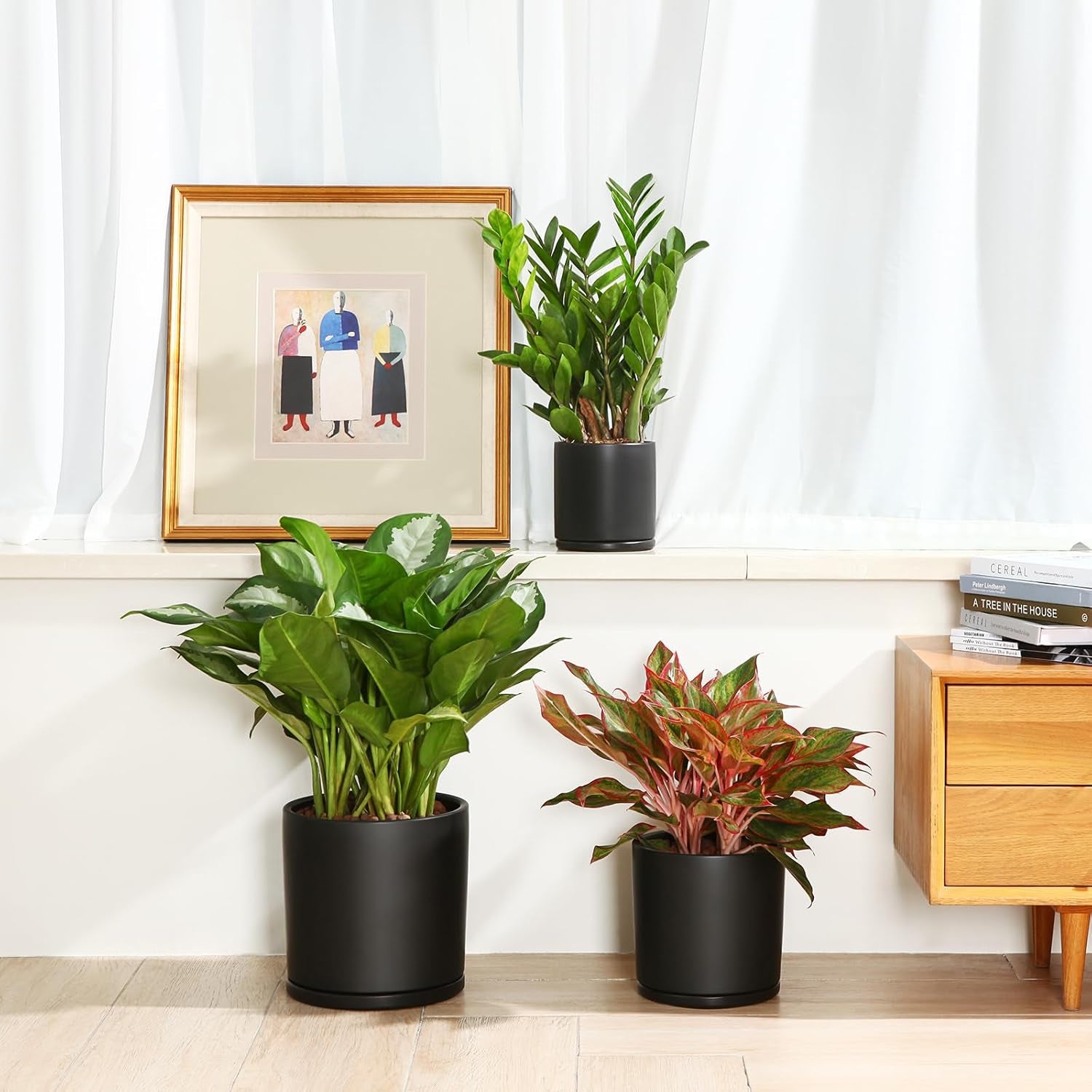 Plant Pots Ceramic Planter for Indoor Outdoor Plants Flowers 10 Inch Matte Black Large Cylinder Flower Pot with Saucer and Drainage Hole,Glazed Finish Interior and Exterior