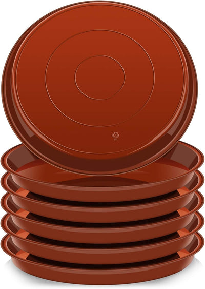 A 6-pack of 18-inch round plastic plant saucers in a terracotta color, stacked or fanned out.