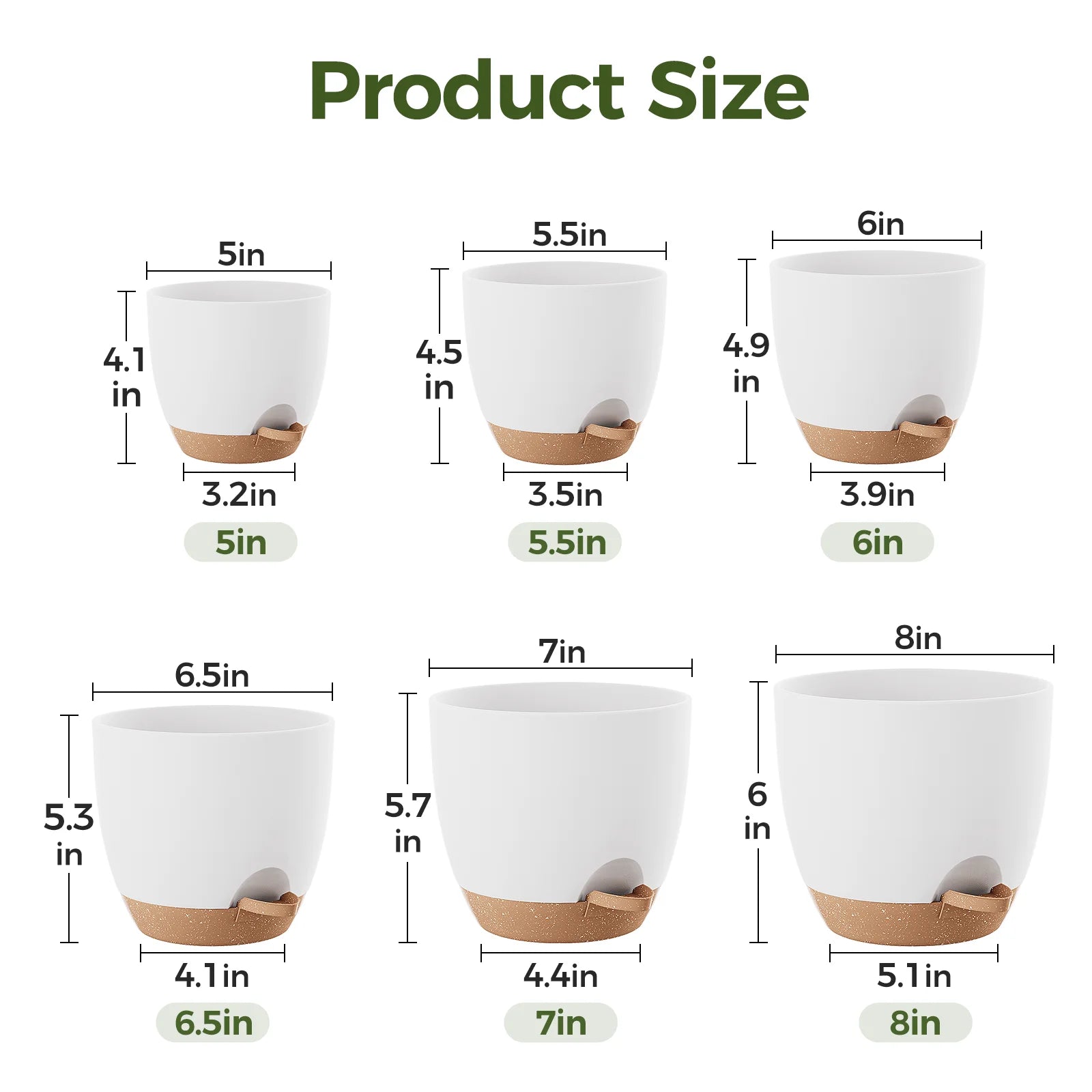 JF Self Watering Pots 6 Pack Plant Pots Indoor Planters 5/5.5/6/6.5/7/8 Inches Flower Pots with High Drainage Holes and Deep Reservoir for Indoor Outdoor Garden Plants and Flowers, White with Brown