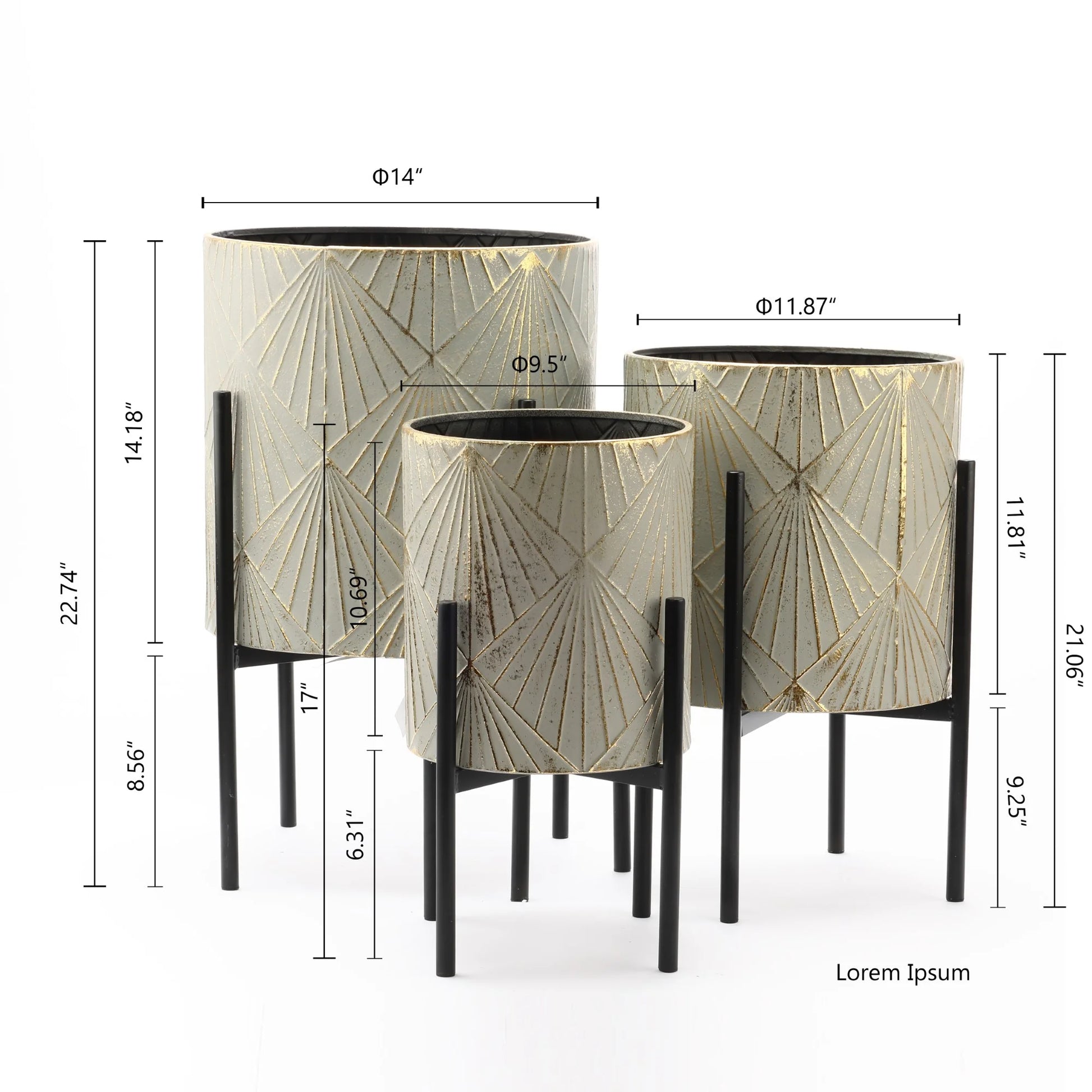 Geometric gold accent planters on matte gray finish

