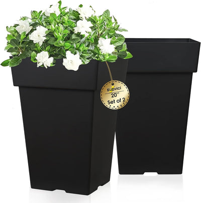 A set of two 20-inch tall black plastic planters, suitable for indoor and outdoor plants, with a minimalist design.