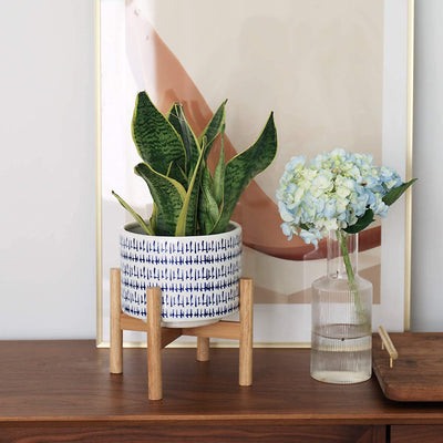 Blue Planter with Stand - 7.3 Inch Retro round Decorative Flower Pot Indoor with Wood Planter Holder, Blue and White, Home Decor Gift