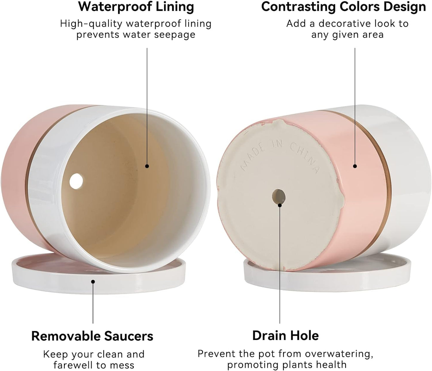 4 Inch Plant Pot - Ceramic Flower Planters Indoor - Modern Succulents Containers with Drain Hole Saucer, Decorate Home, Office & Outdoor (Pink)