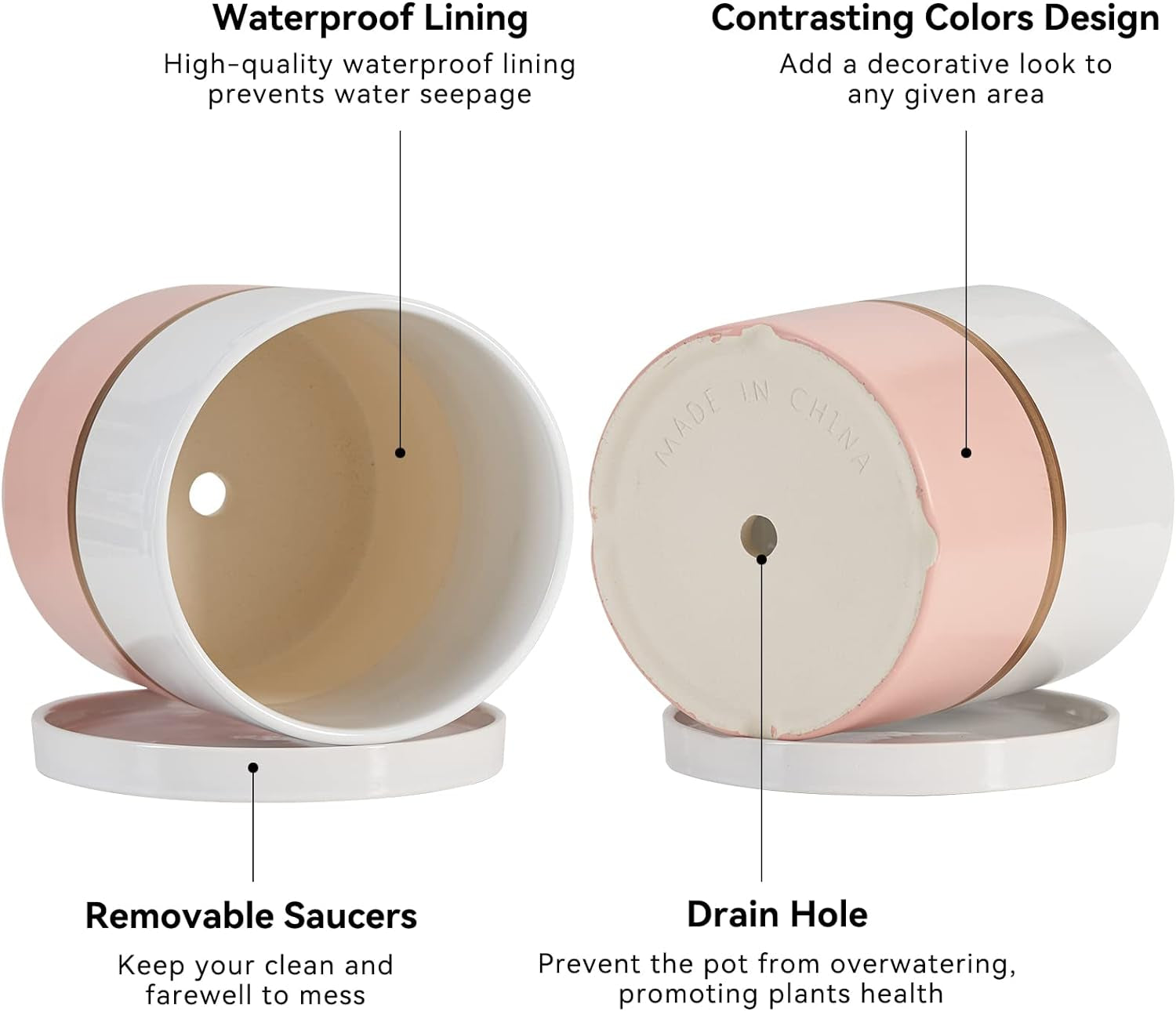 4 Inch Plant Pot - Ceramic Flower Planters Indoor - Modern Succulents Containers with Drain Hole Saucer, Decorate Home, Office & Outdoor (Pink)