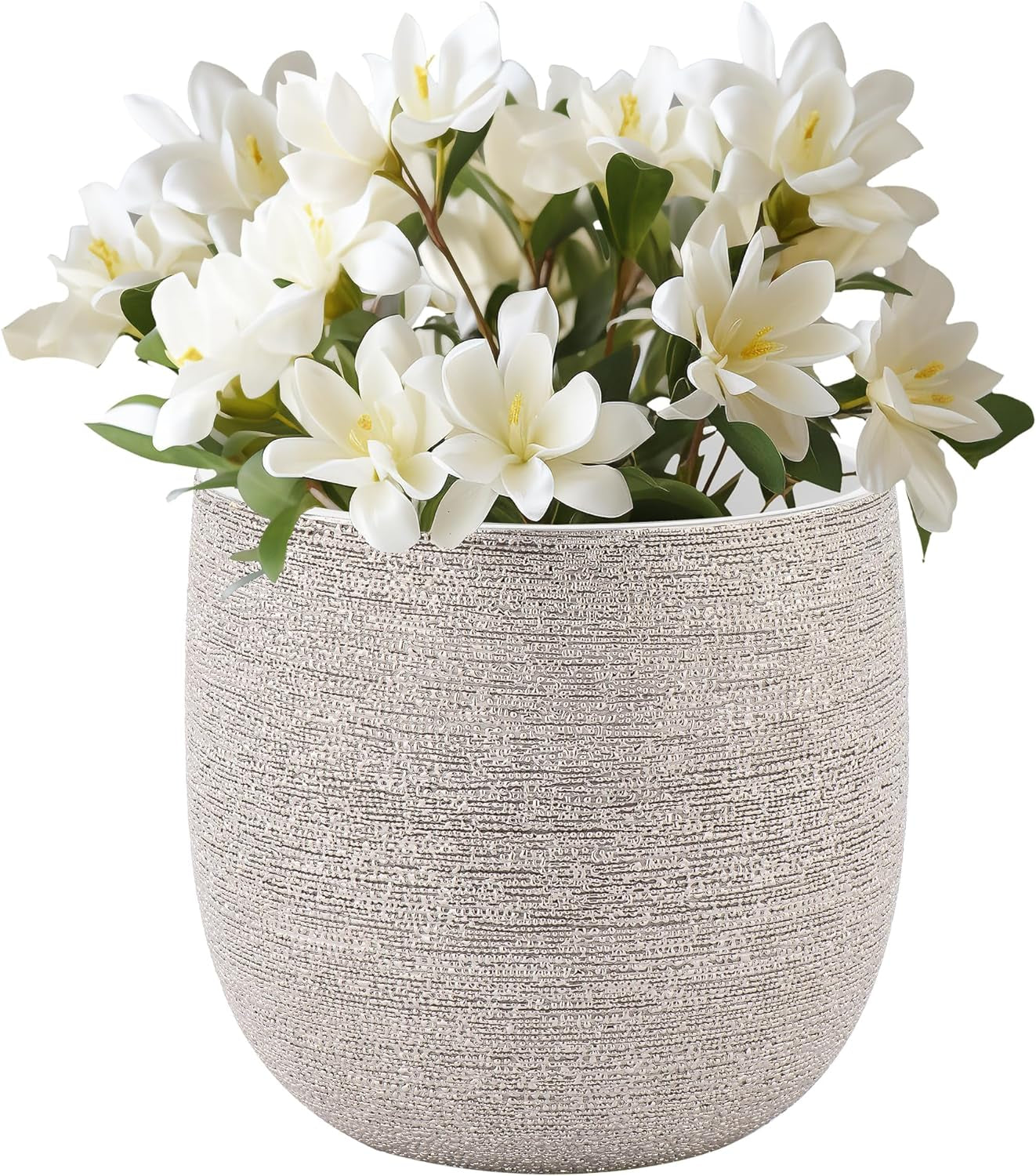 7 Inch Ceramic Pot for Plants - Textured Silver Plant Pot with Gloss White Interior, No Drainage Hole Watertight Design, Luxe Design for Indoor Plants (Brava Ceramic Plant Pots Indoor)