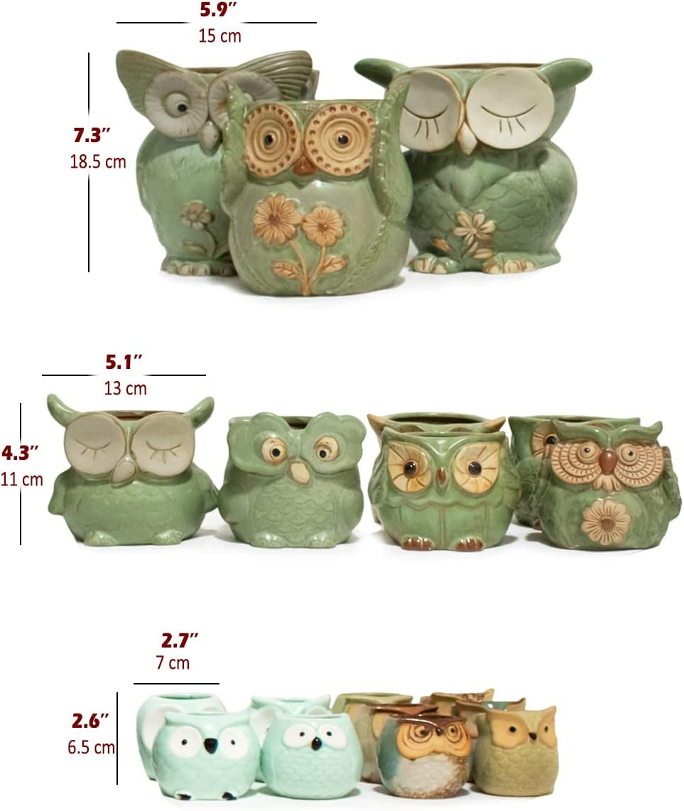 Adorable Turquoise Mini Owl Ceramic Succulent Planter Set of 4 with Drainage Hole & Saucer