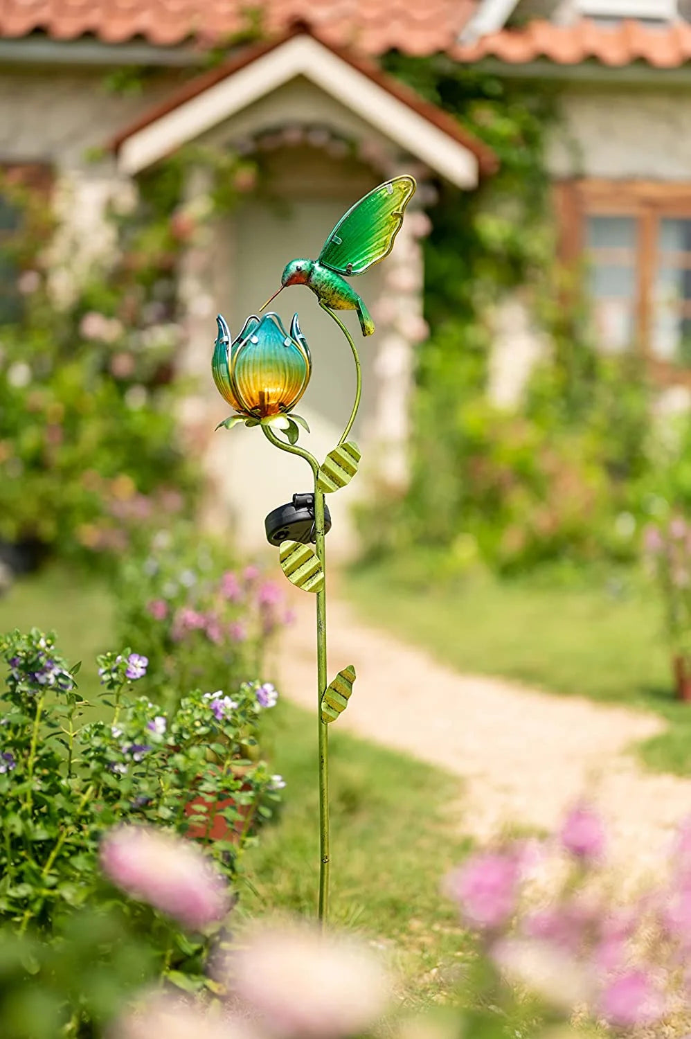 42''H Hummingbird Solar Garden Lights, Outdoor Metal Flower Solar Yard Stake Lights for Lawn Patio Garden Decor, Gifts for Mom Grandma