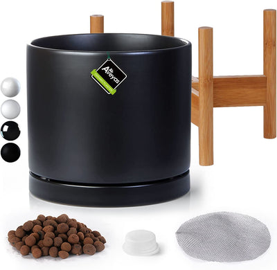 Stylish 8-Inch Matte Black Ceramic Planter Pot with Drainage Hole & Saucer - Perfect for Indoor Plants like Snake Flower, Monstera, and Fiddle Leaf Fig!
