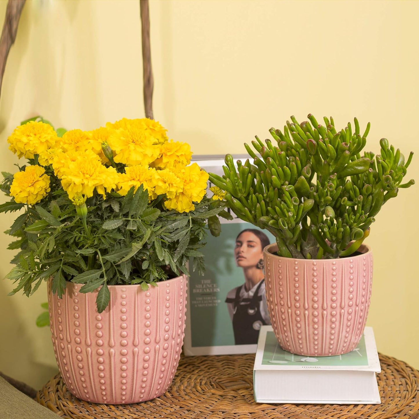 Chic Pink Ceramic Plant Pots - Set of 6.5" & 5.5" Indoor Planters with Drainage Holes