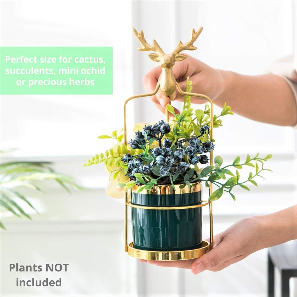 Charming 3.2 Inch Green Succulent Pot with Elegant Metal Stand - Perfect Mini Planter for Bedroom & Bathroom Decor, Unique Table Centerpiece