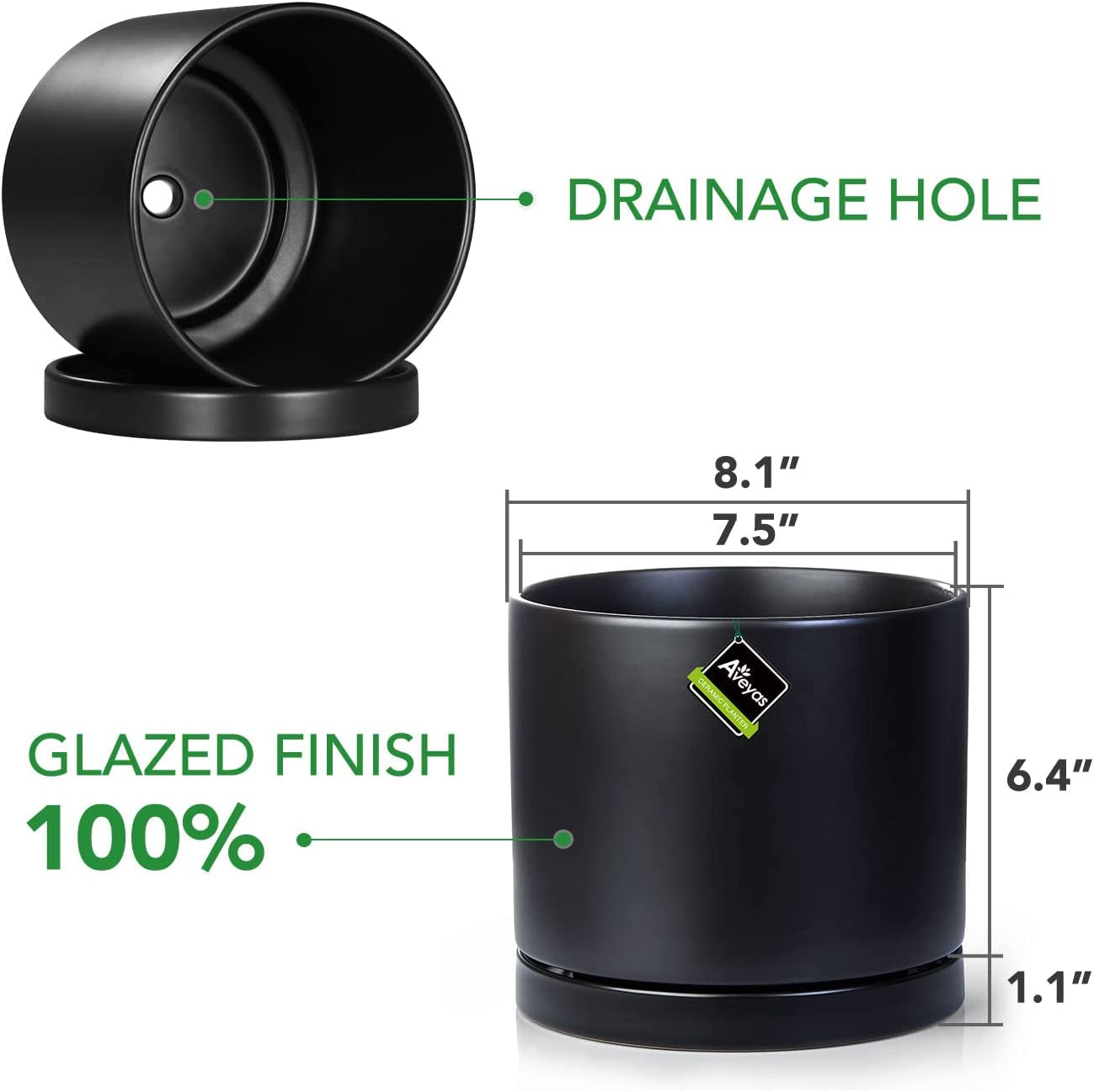 Stylish 8-Inch Matte Black Ceramic Planter Pot with Drainage Hole & Saucer - Perfect for Indoor Plants like Snake Flower, Monstera, and Fiddle Leaf Fig!