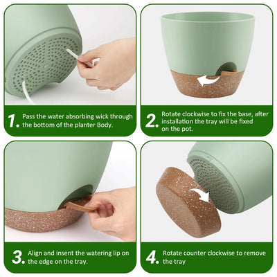Set of 5 Green Self Watering Plastic Plant Pots with Drainage Holes - Eco-Friendly Indoor/Outdoor Flower Planters for Succulents, Cactus, Snake Plants - Sizes: 7", 6.5", 6", 5.5", 5"