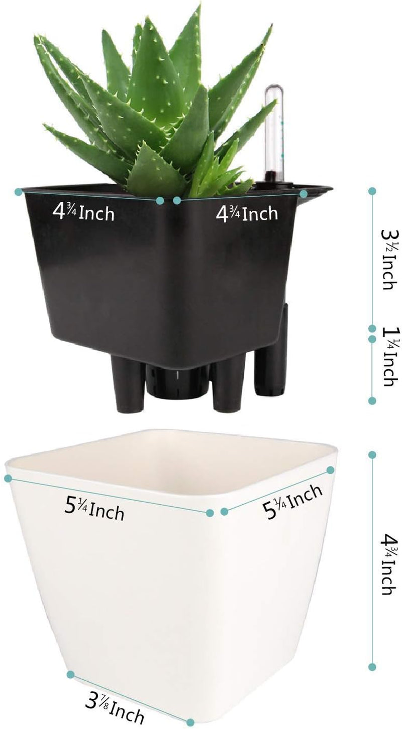 5.5 Inch Self Watering Plastic Planter with Water Level Indicator Pack of 6 - Matte White, Modern Decorative Planter Flower Pot for House Plants, Flowers, Herbs, African Violets,
