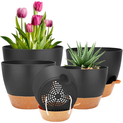 A 5-pack of modern self-watering plant pots in various sizes (7, 6.5, 6, 5.5, 5 inch) in white or black.