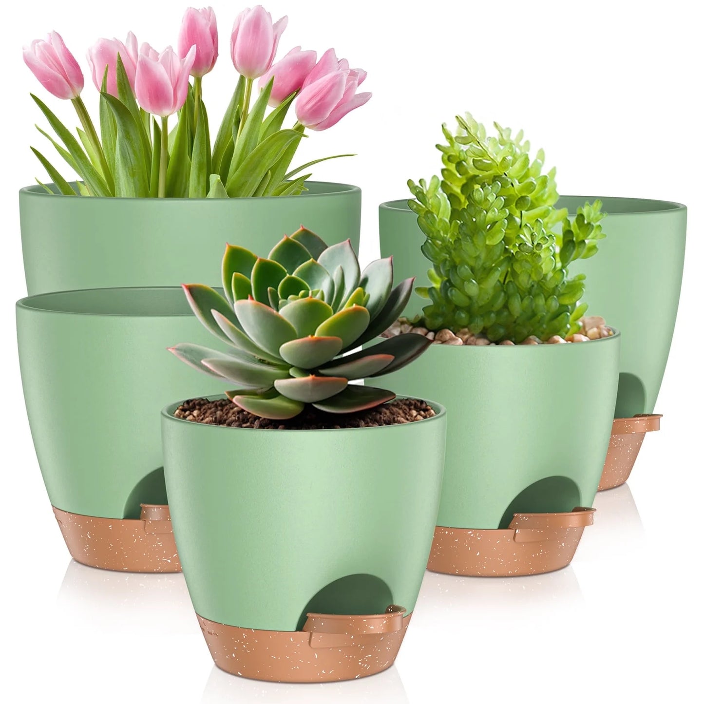 A set of 5 green self-watering plant pots in various sizes (7, 6.5, 6, 5.5, 5 inches), displayed together.