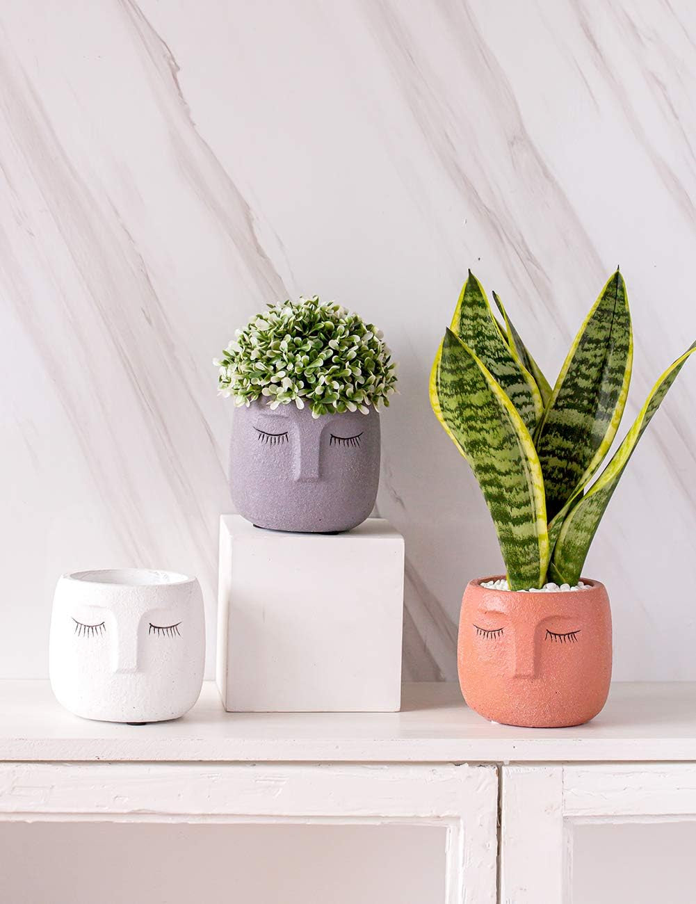 Head Design Planter Pot with Drainage Hole, Elegant Cement Face Planter for Flower (Grey)