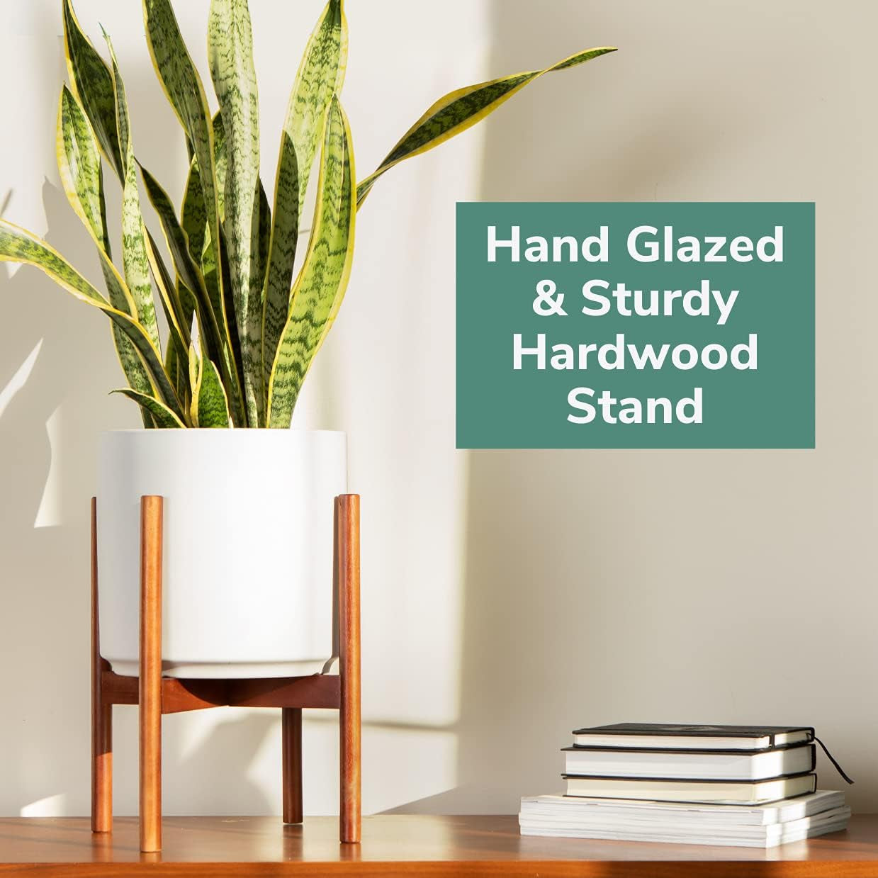 Elevate Your Space: 12" Black Ceramic Planter with Stylish Wood Stand Set