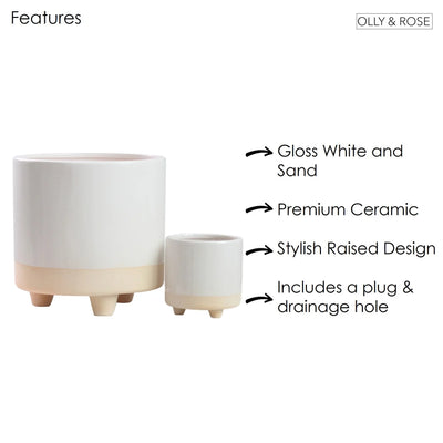 Ceramic Plant Pots Indoor on Legs round - White Sand Planter Set 2 Indoor & Outdoor