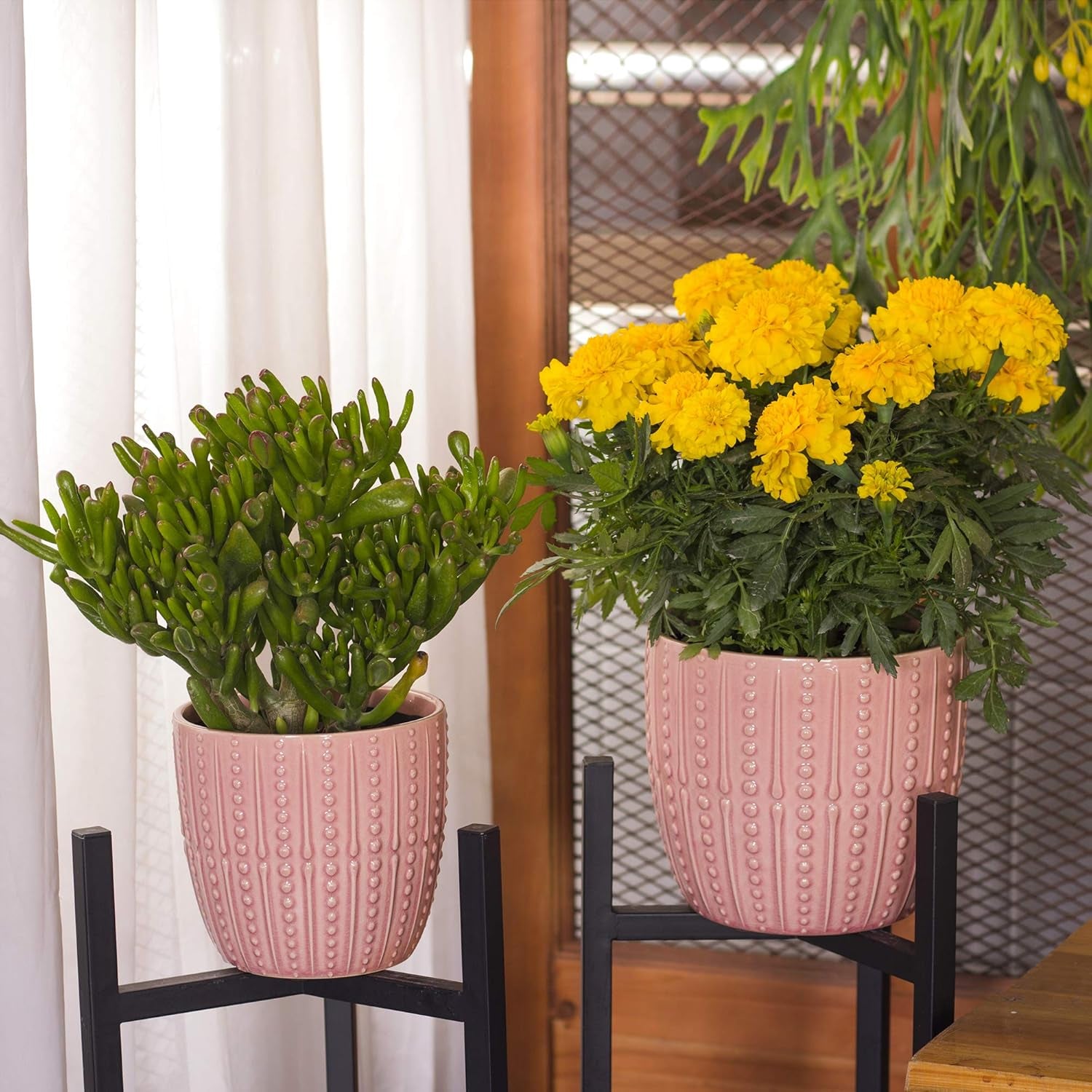 Chic Pink Ceramic Plant Pots - Set of 6.5" & 5.5" Indoor Planters with Drainage Holes