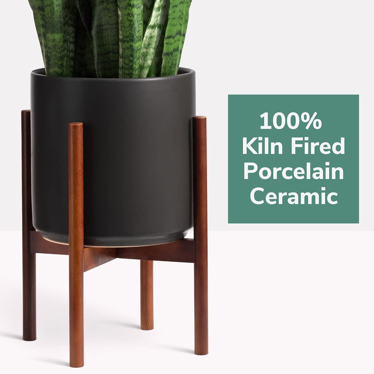 Elevate Your Space: 12" Black Ceramic Planter with Stylish Wood Stand Set