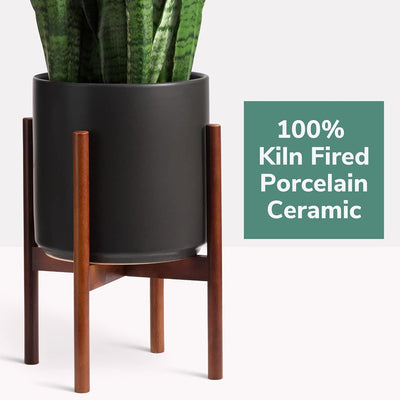 Elevate Your Space: 12" Black Ceramic Planter with Stylish Wood Stand Set