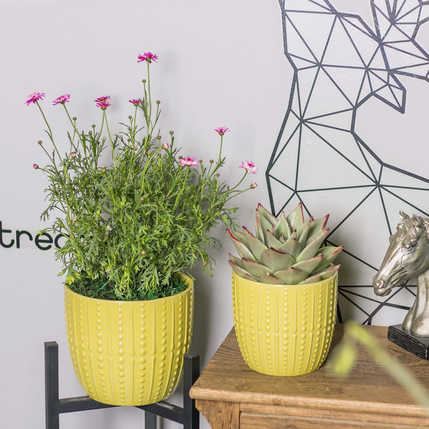 Vibrant Lemon Yellow Ceramic Plant Pots - Set of 2 (6.5" & 5.5") with Drainage Holes for Indoor Plants