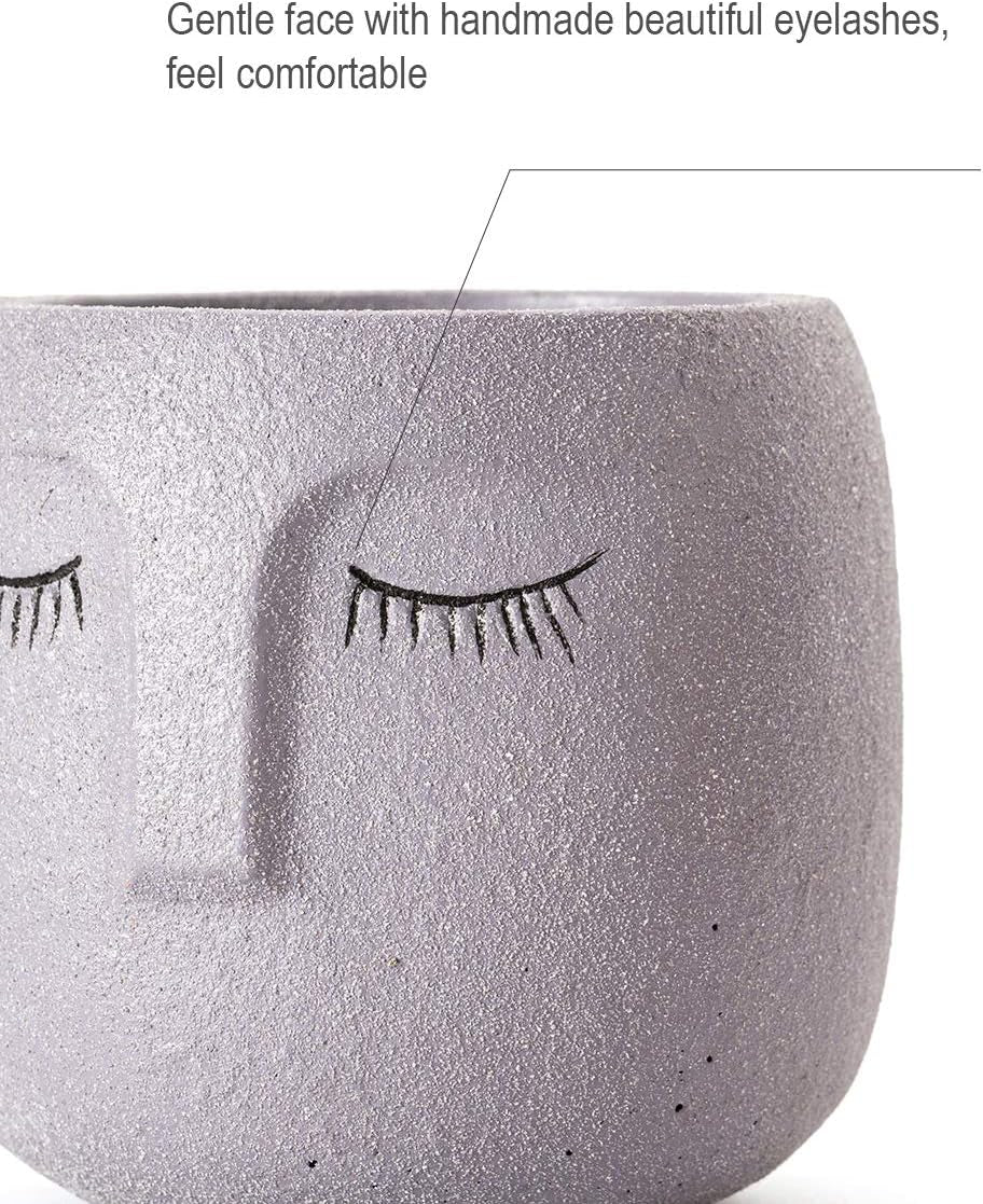 Head Design Planter Pot with Drainage Hole, Elegant Cement Face Planter for Flower (Grey)