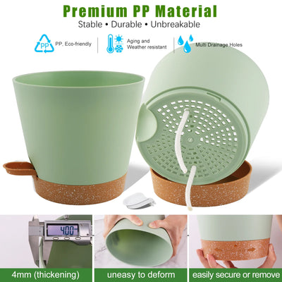 Self Watering Planters, 7/6.5/6/5.5/5 Inch Self Watering Plant Pots with Drainage Hole for Indoor and Outdoor Plants, 5 Pack, Green