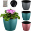A 3-pack of 6.7-inch self-watering African violet pots in silver, blue, and rose gold.
