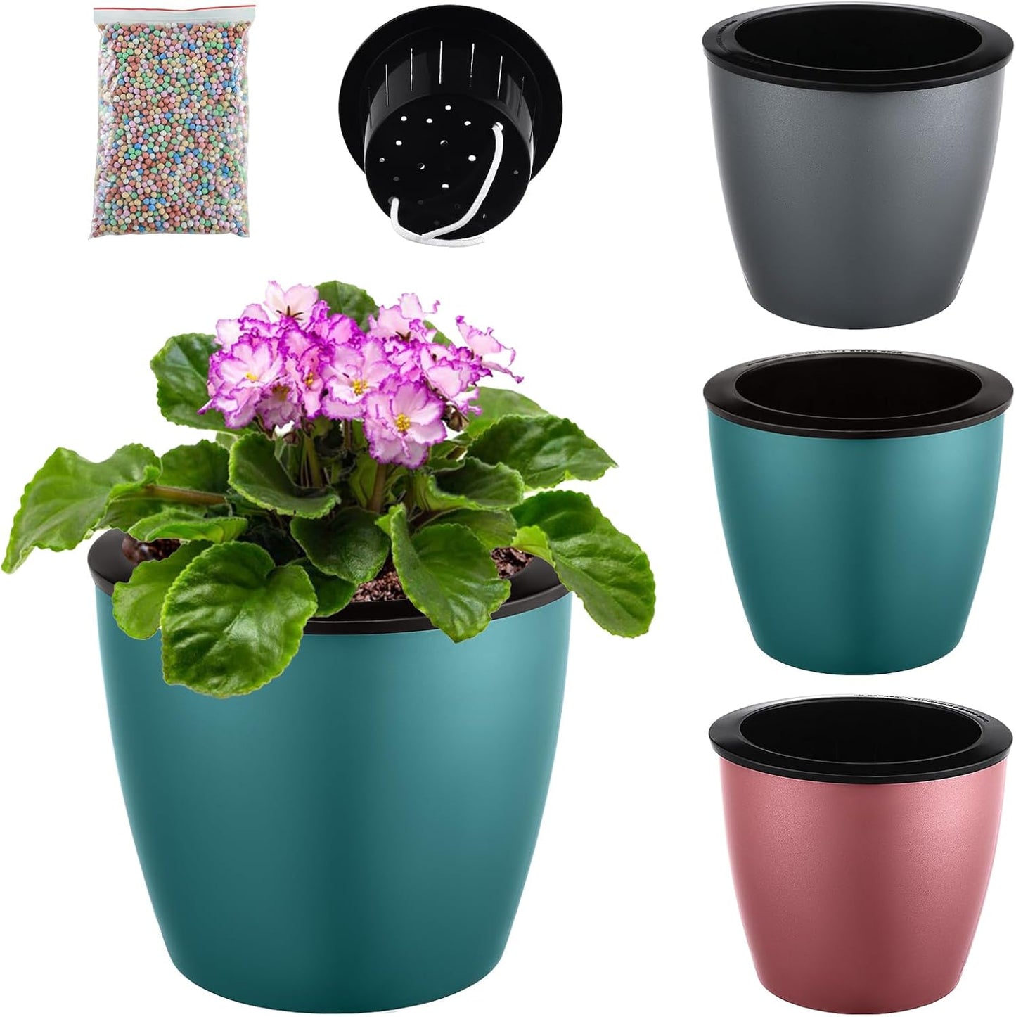A 3-pack of 6.7-inch self-watering African violet pots in silver, blue, and rose gold.