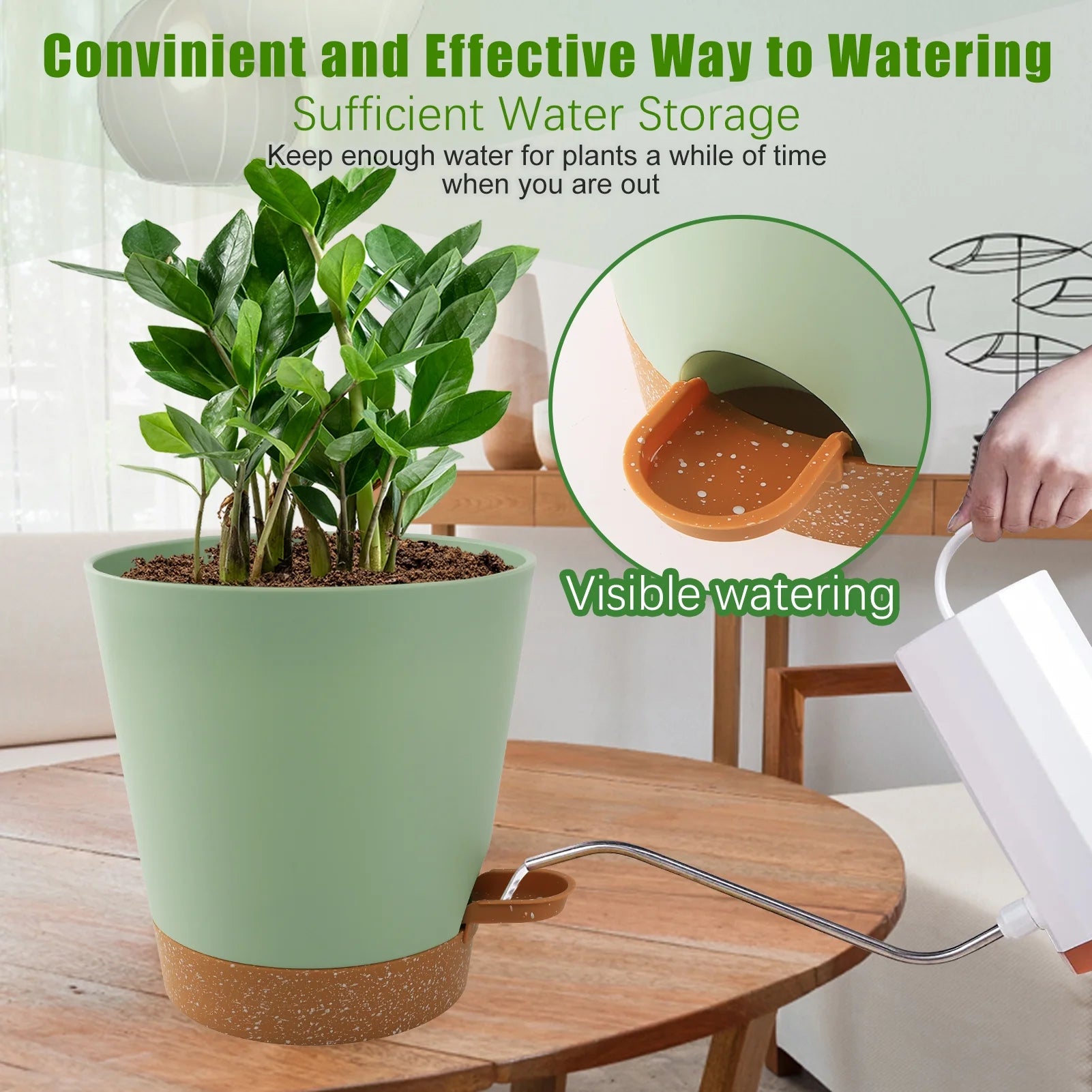 Self Watering Planters, 7/6.5/6/5.5/5 Inch Self Watering Plant Pots with Drainage Hole for Indoor and Outdoor Plants, 5 Pack, Green