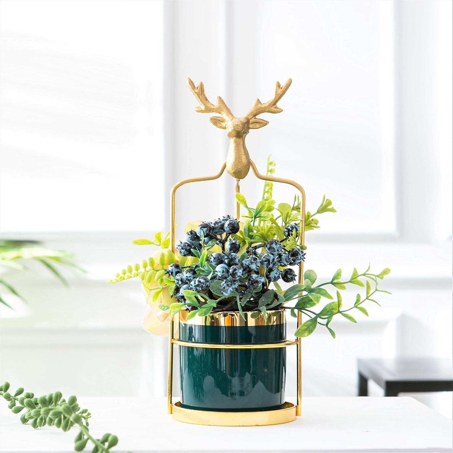 Charming 3.2 Inch Green Succulent Pot with Elegant Metal Stand - Perfect Mini Planter for Bedroom & Bathroom Decor, Unique Table Centerpiece