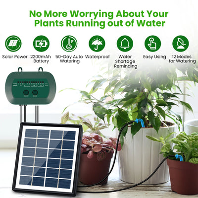 Solar Drip Irrigation System, Automatic Drip Irrigation Kit with Sensor Timer 12 Timing Modes, for Garden Plant Watering Devices