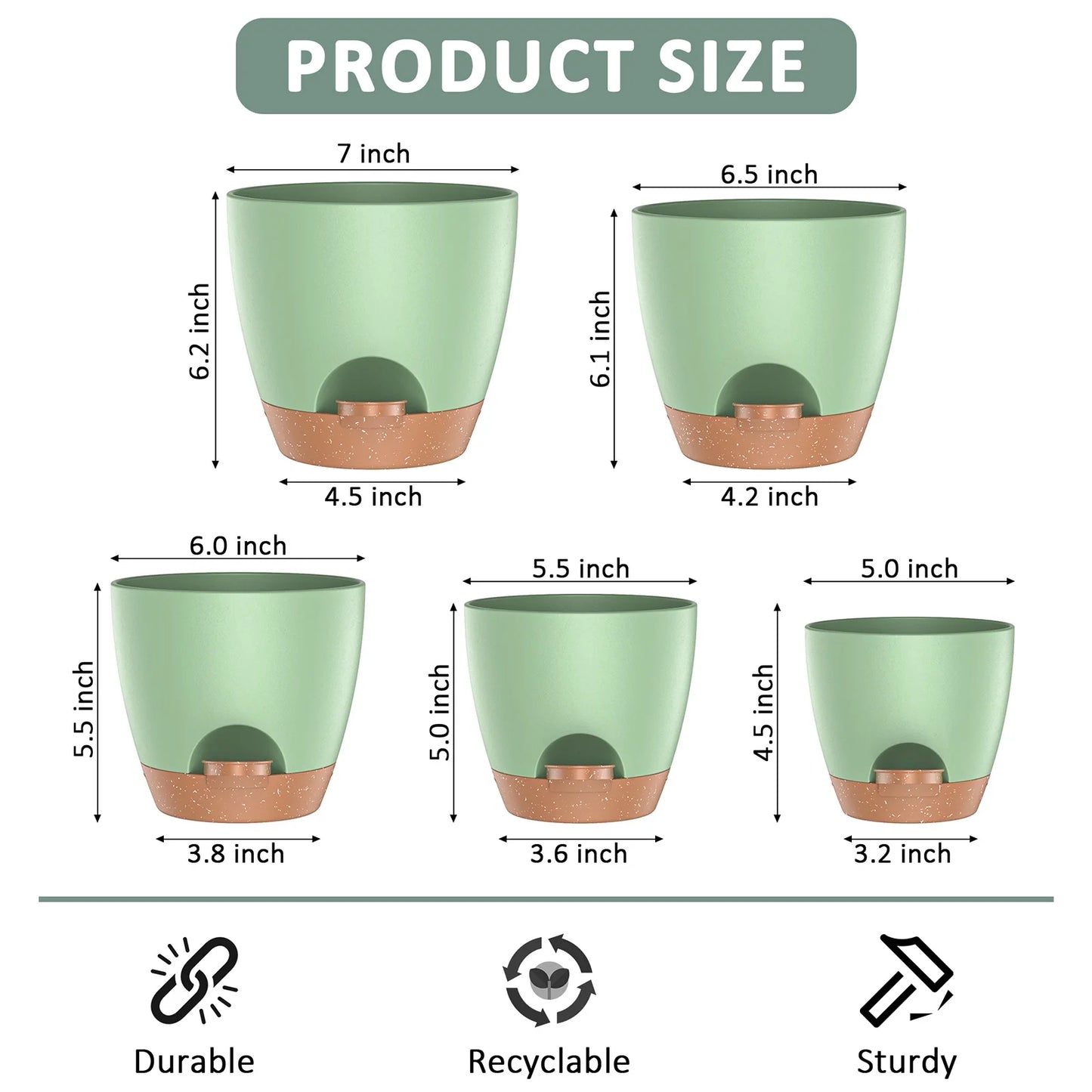 5 Pack Self Watering Plant Pots, Plastic Planters with Drainage Holes and Saucers, Flower Pots for Indoor Outdoor Garden Plants, 7/6.5/6/5.5/5 Inch（Green）