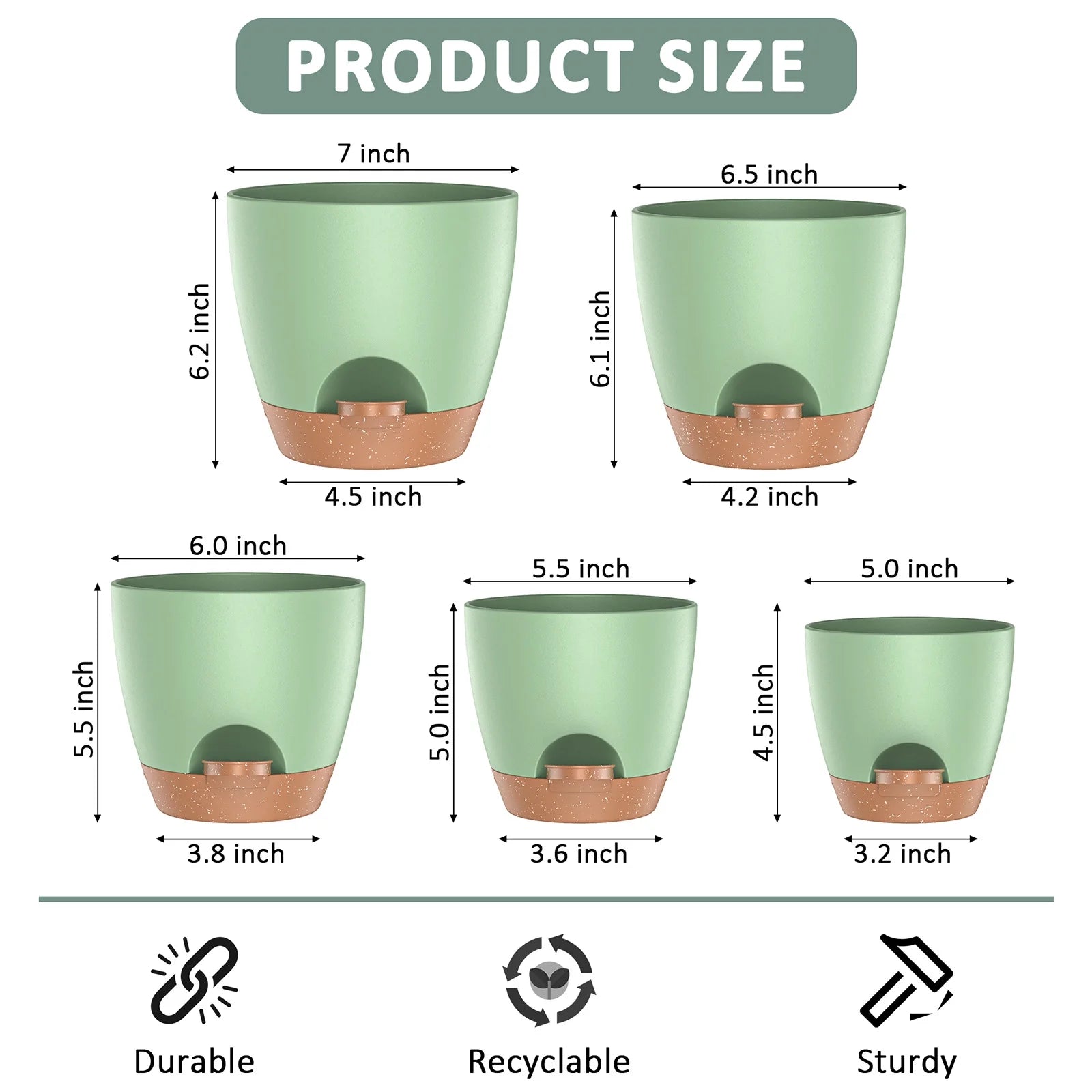 5 Pack Self Watering Plant Pots, Plastic Planters with Drainage Holes and Saucers, Flower Pots for Indoor Outdoor Garden Plants, 7/6.5/6/5.5/5 Inch（Green）