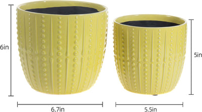 Vibrant Lemon Yellow Ceramic Plant Pots - Set of 2 (6.5" & 5.5") with Drainage Holes for Indoor Plants