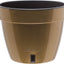 A 7.9-inch self-watering planter in a gold finish, showing its modern design and water level indicator.