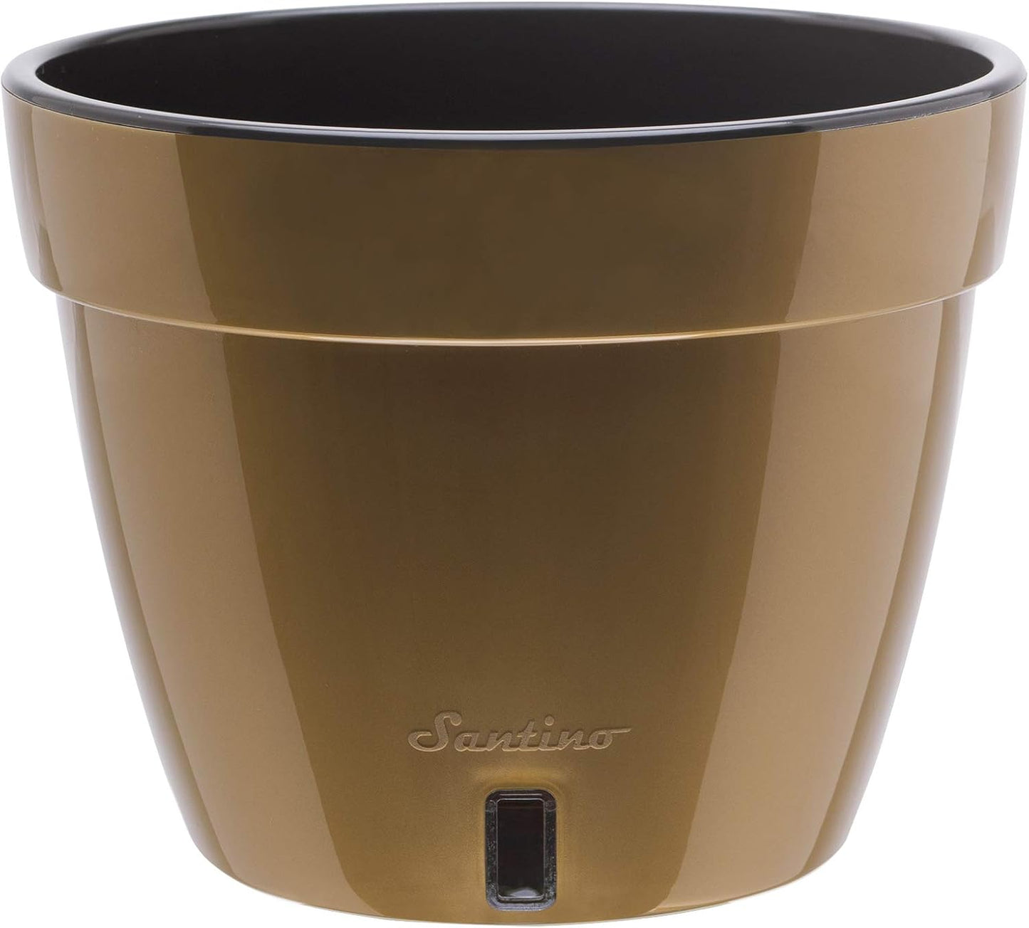 A 7.9-inch self-watering planter in a gold finish, showing its modern design and water level indicator.