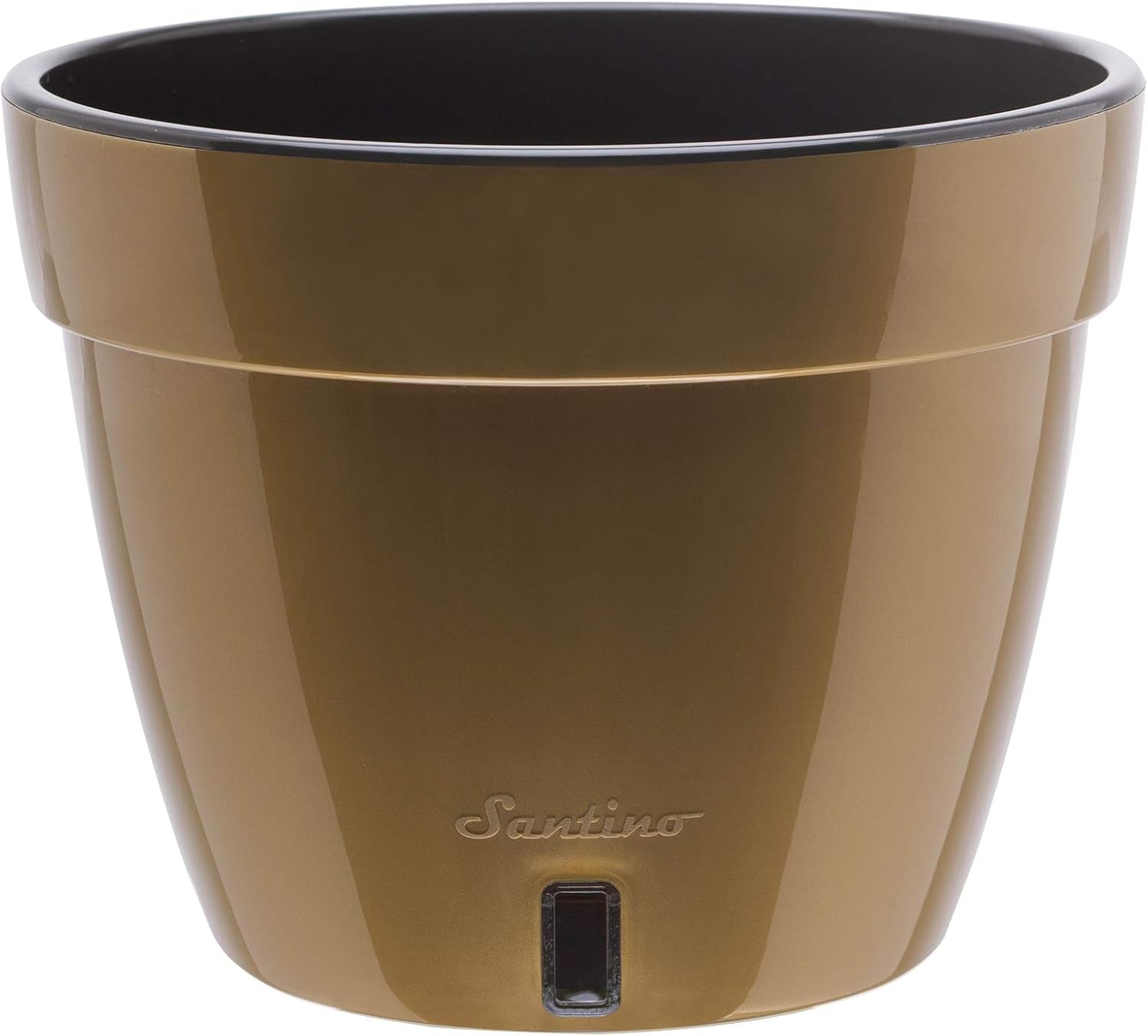 A 7.9-inch self-watering planter in a gold finish, showing its modern design and water level indicator.