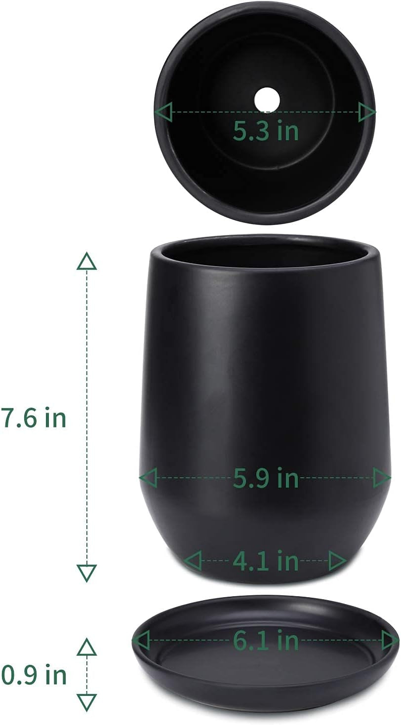 Stylish Black Glazed Ceramic Planter Pots - 5.3 Inch with Drainage Hole & Saucer for Indoor Plant Decor (Plants Not Included)